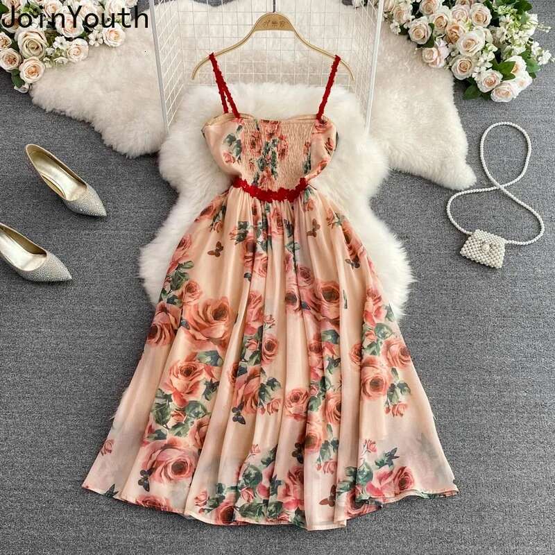 Sweet Summer Woman Dress 2024 Vestidos De Moda Fashion Floral Gauze Sling Robe Femme High Waist Backless Dresses Women Clothes