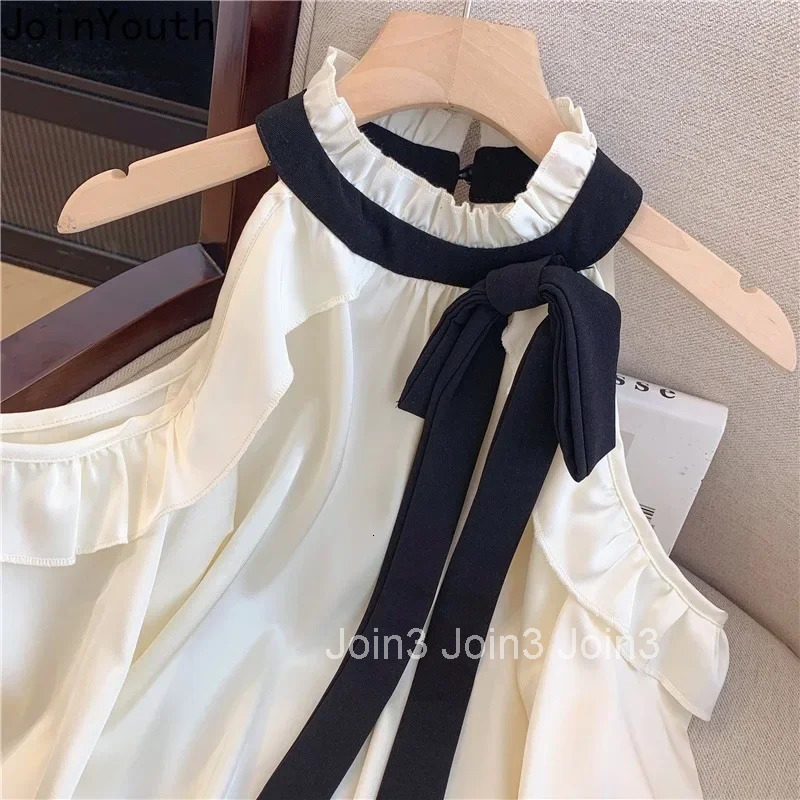 Camisas De Mujer 2025 Korean Blouse for Women Long Sleeve Off Shoulder Bandage Bow Sweet Shirts Loose Ruffles Bow Summer Tops