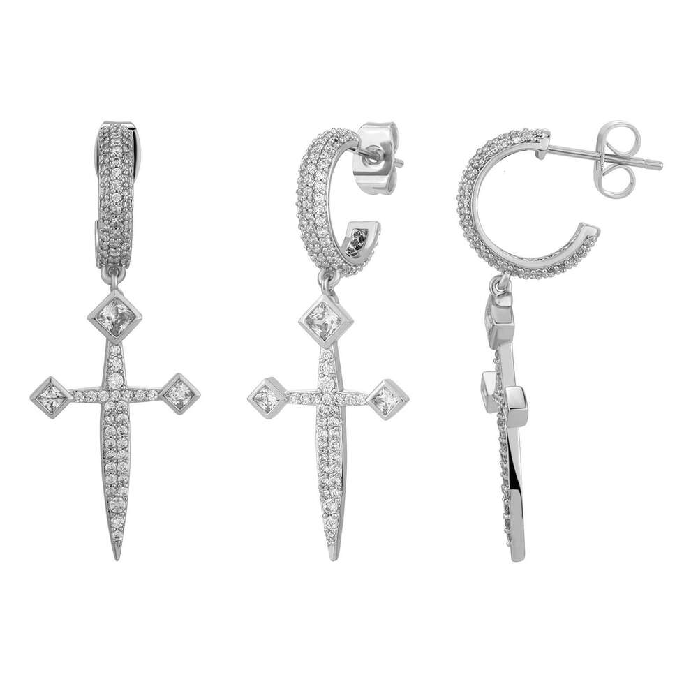 Sier Needle Sword of Justice Full Dia High-end Sense Temperament Stud Dangle Earrings Jewelry for Women