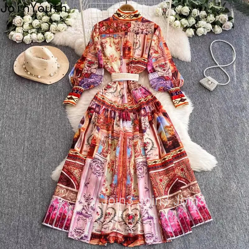 Vintage Woman Dress Print Stand Neck Lantern Sleeve Robe Femme Sashes Slim Waist Single Breasted Maxi Dresses 2025 Vestido Femme