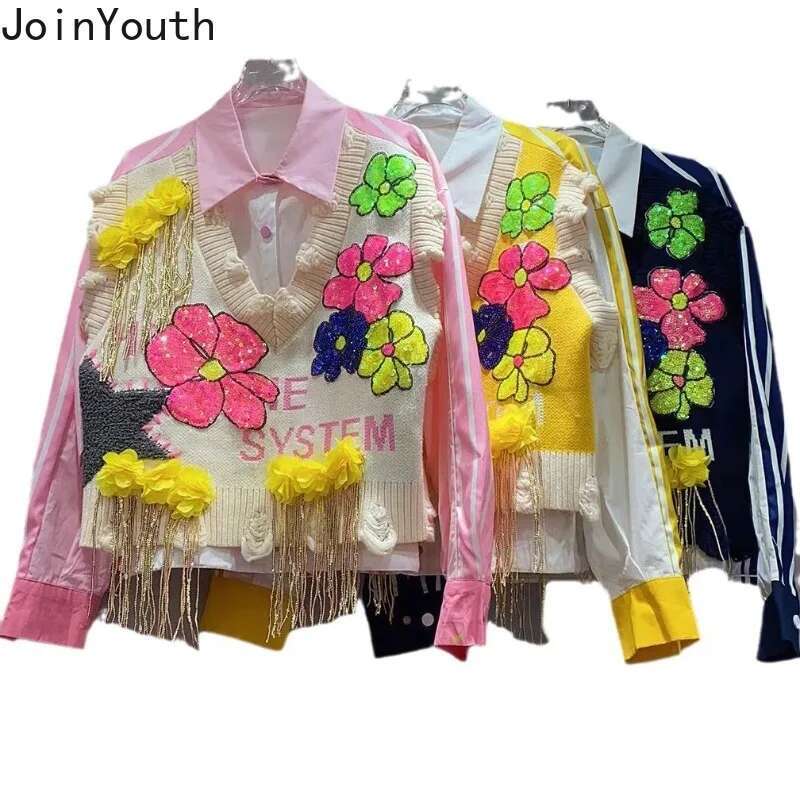 Patchwork Knitted Shirt Sequin Graffiti Long Sleeve Blouses Women Clothes Fashion Loose Korean Blouse Tops 2025 Camisas De Mujer
