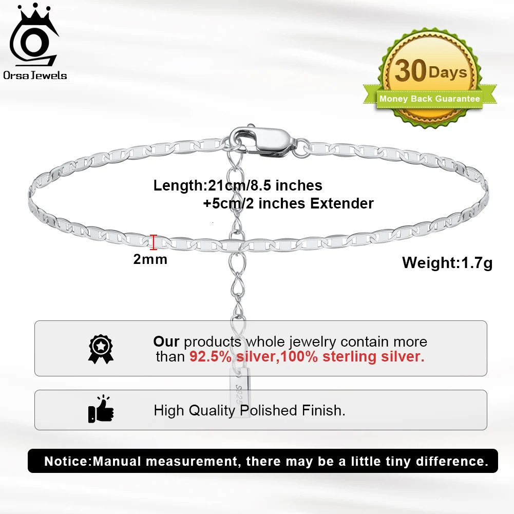 ORSA JEWELS 925 Sterling Silver Italian 2mm Sparkle Mirror Chain Anklets for Women Gold Foot Bracelet Ankle Straps Jewelry SA29 250617
