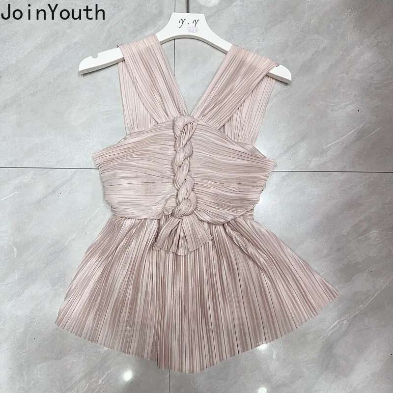 Satin Pleated Sling Vest Women Clothes Slim Fit Sleeveless Temperament Tops Korean Tees Chic Summer Tanks Backless Folds Camis