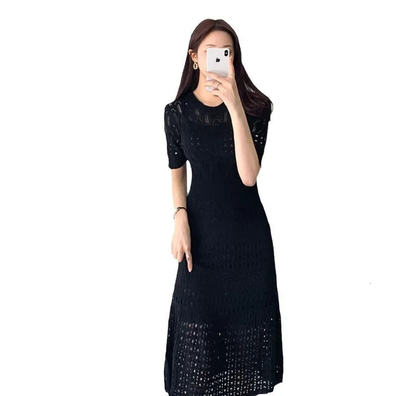 Summer White Short Sleeve Hollow Out Knitted Dress Ice Silk Waist Cinching Slimming Fashionable A-Line Skirt Womens Style 250617