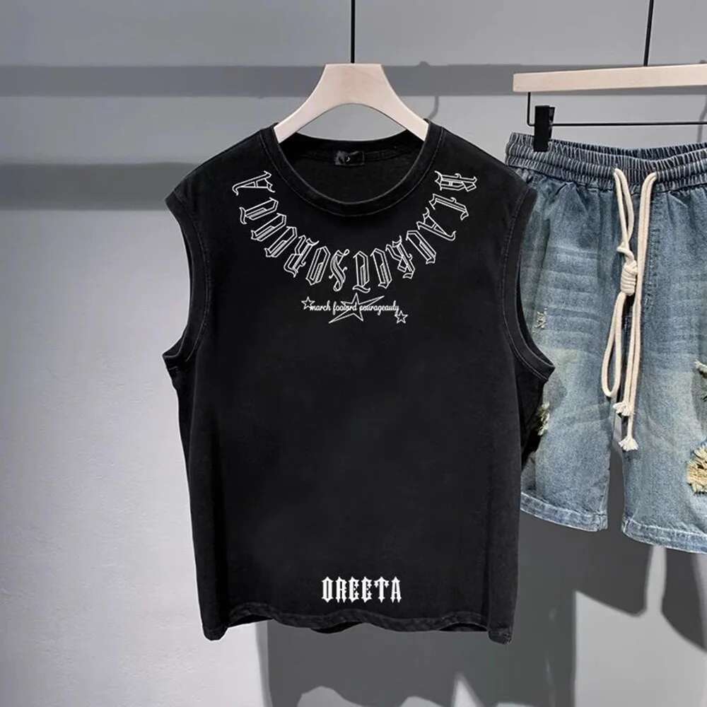 Mens Vest Cotton Trendy Letters Print Chic Tank American High Street Fashionable Sports Casual Sleeveless Tops Summer New
