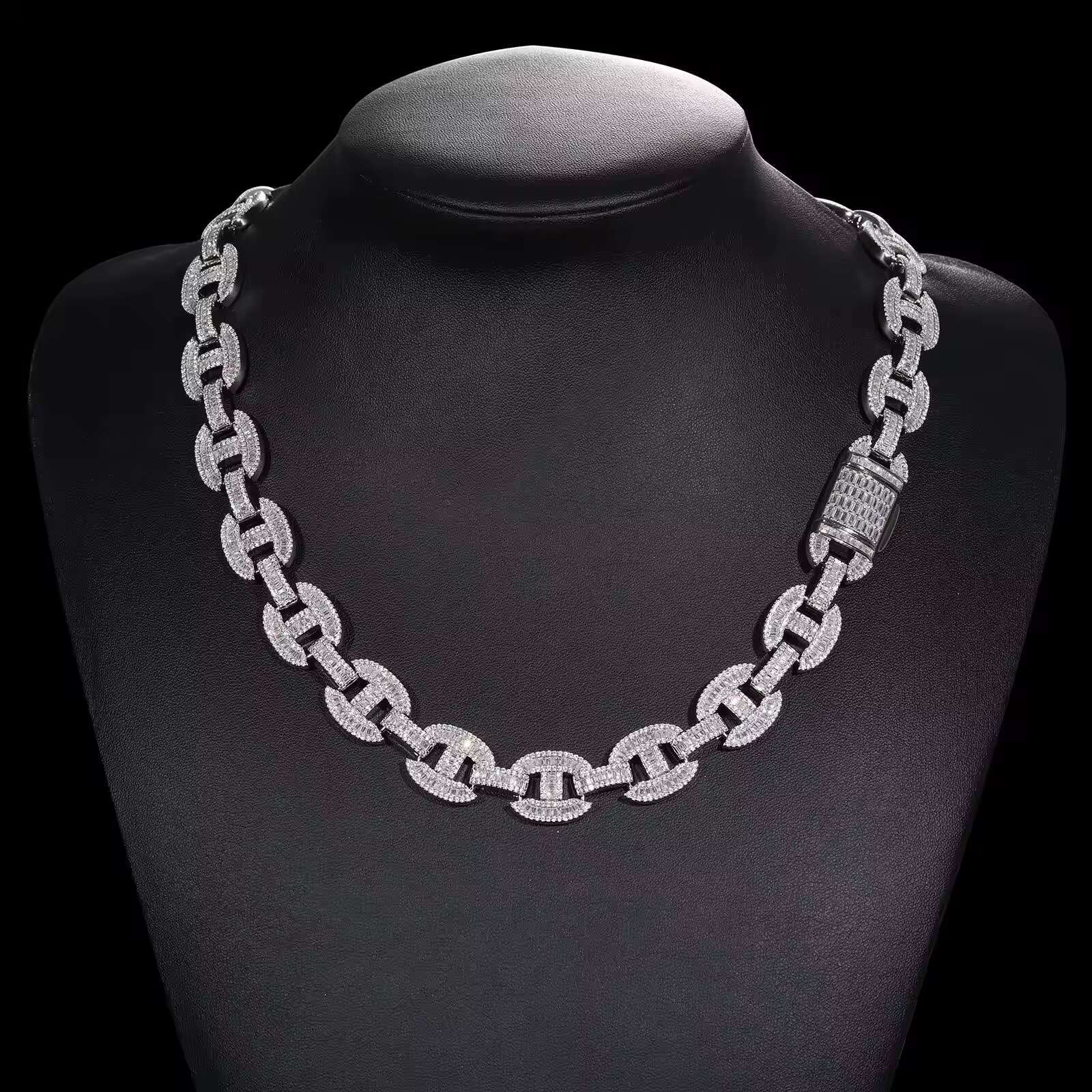 Hip Hop 16mm Baguette Hip Hop Link Chain 925 Sterling Silver Necklace Iced Out Cuban Necklace Men VVS Mossanite Necklace