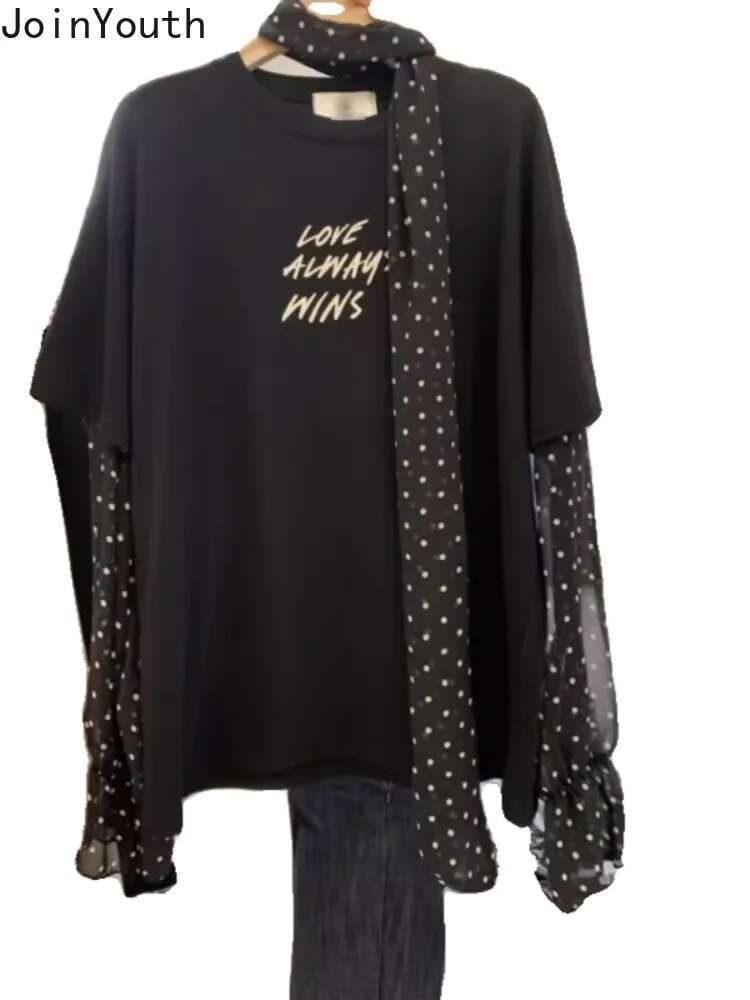 O-neck Korean Woman T Shirts Y2k Tops Fake Two Tees Patchwork Gauze Polka Dot Long Sleeve Camisetas Casual Fashion Letter Tshirt