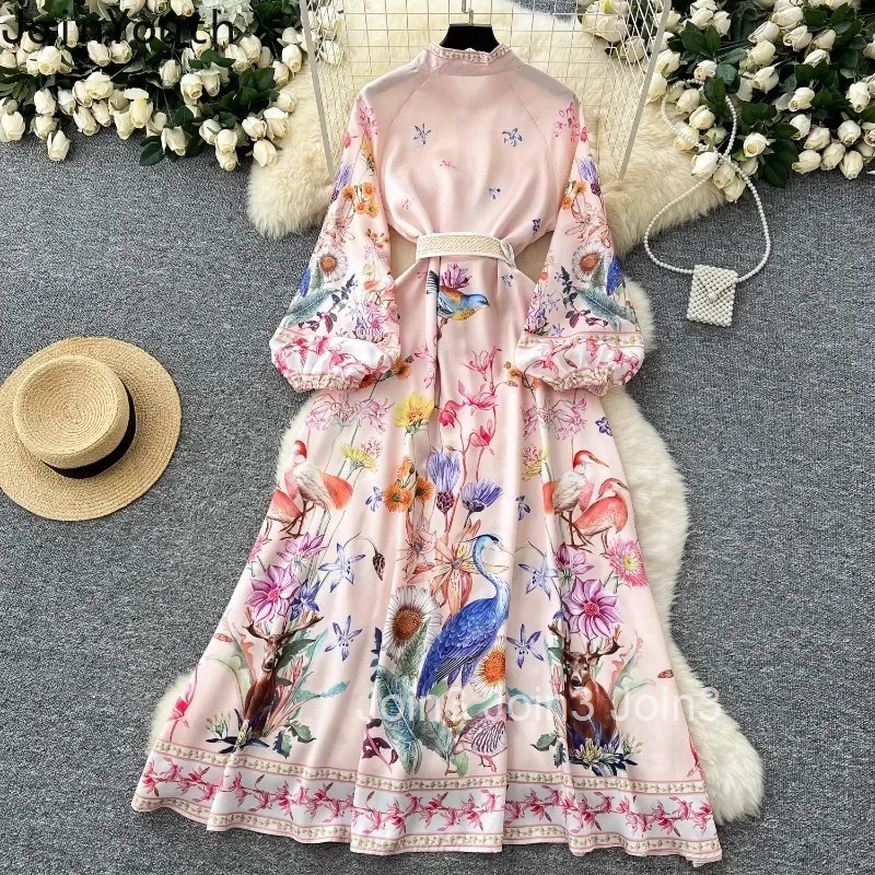 Elegant Dresses for Women Chic Floral Single Breasted Slim Waist Robe Femme Vintage Big Swing Maxi Dress 2025 Vestidos De Muer