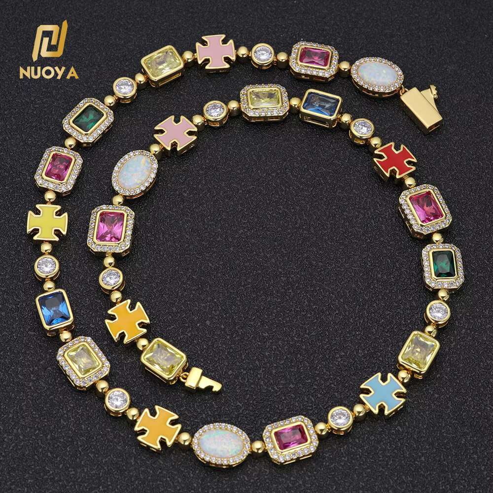 NUOYA 10mm Custom Multi Color Enamel Bling Cz Stone Chain Silver Geometric Gemstone Motif Iced Out Chain Necklace