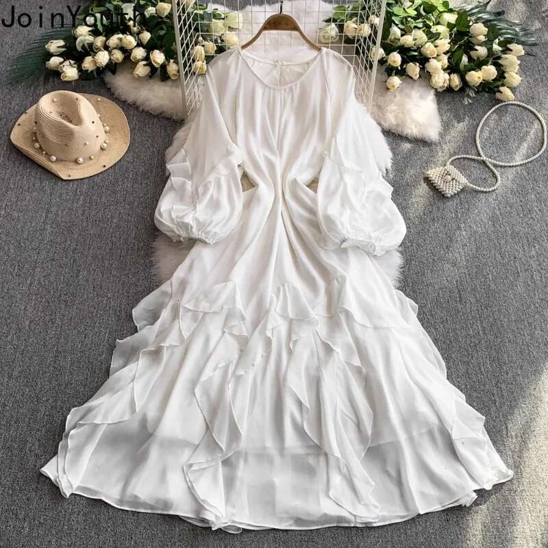 2025 Vestidos De Mujer Vintage Dress for Women Beading O-neck Lantern Sleeve Solid Color Robe Femme Ruffles Sweet Summer Dresses