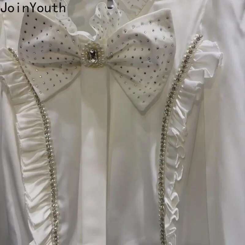 Crop Tops Fashion Diamond Blouses Womens Clothes Long Sleeve Ruffles Tunic Shirts 2025 Blusas Mujer De Moda Bow Ruffles Blouse