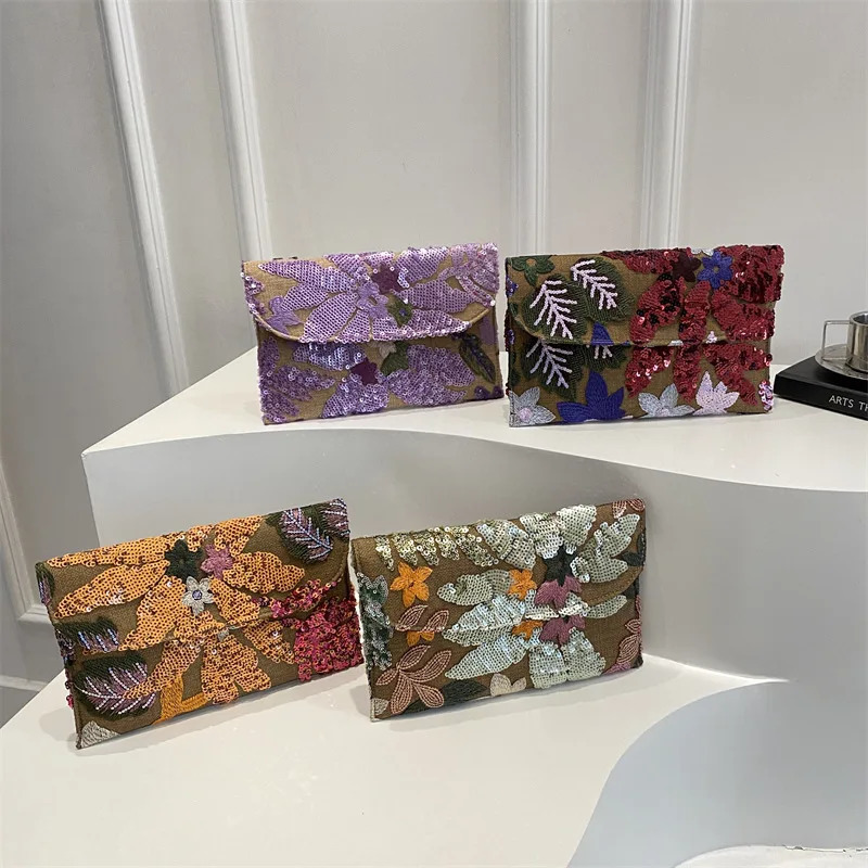 Women Evening Bag Floral Embroidery Sequin Evening Clutch Bag Envelope Package Beach Bag for Women Wedding Vacation Travel 250617