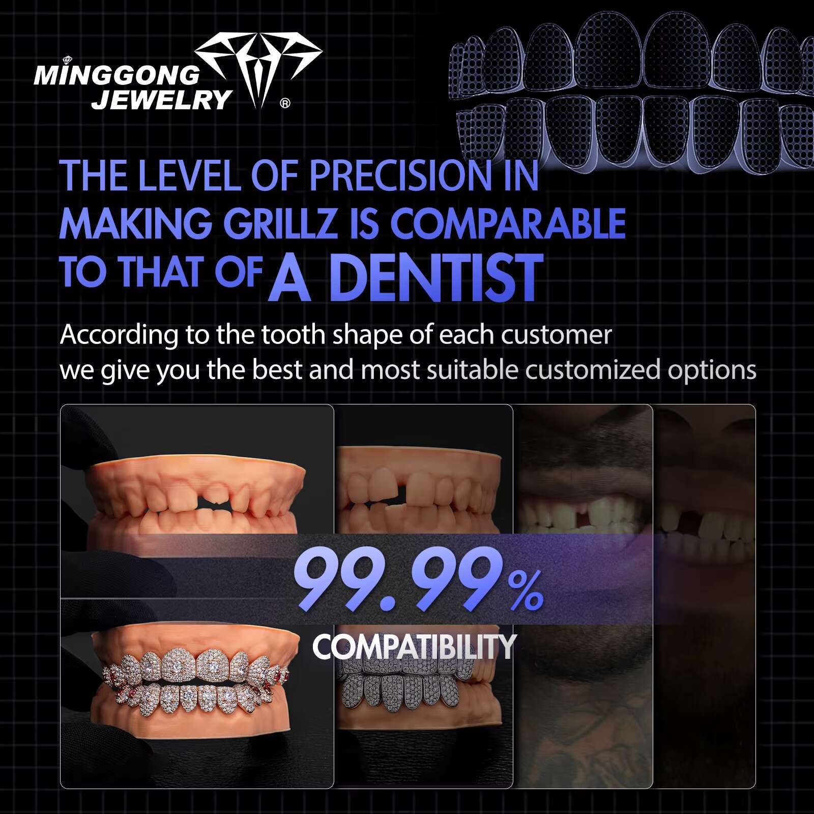 Custom Grillz Fine Jewelry VVS Honeycomb Shape Moissanite Diamond Tooth 925 Silver Iced Out Grillz for Teeth