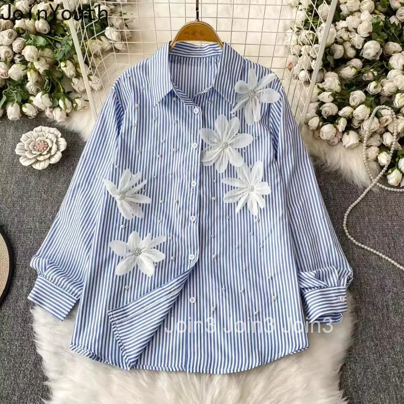2025 Blusas Mujer De Moda Fashion Striped Blouses Womens Clothing Chic Beading Long Sleeve 3D Floral Loose Summer Shirt Tops