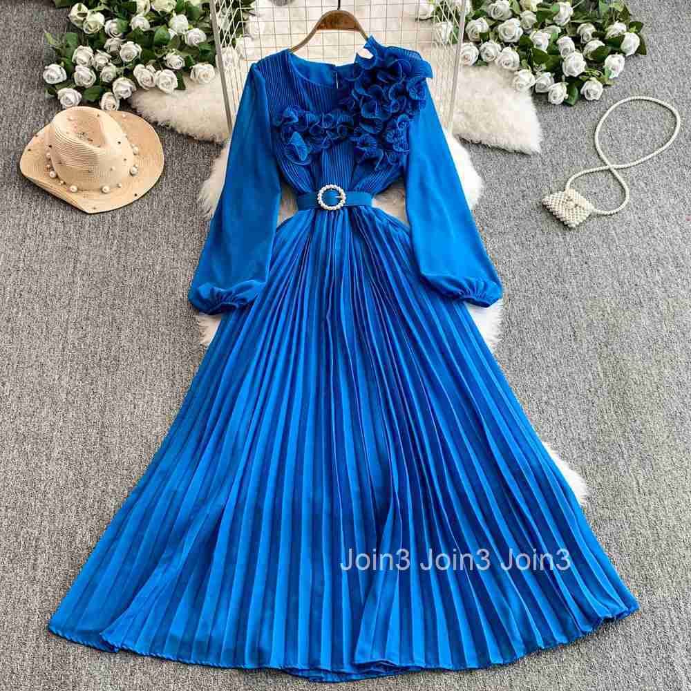 2025 Vestidos De Mujer Vintage Woman Dress Long Sleeve 3D Floral Slim Waist Temperament Robe Femme Elegant Pleated Maxi Dresses
