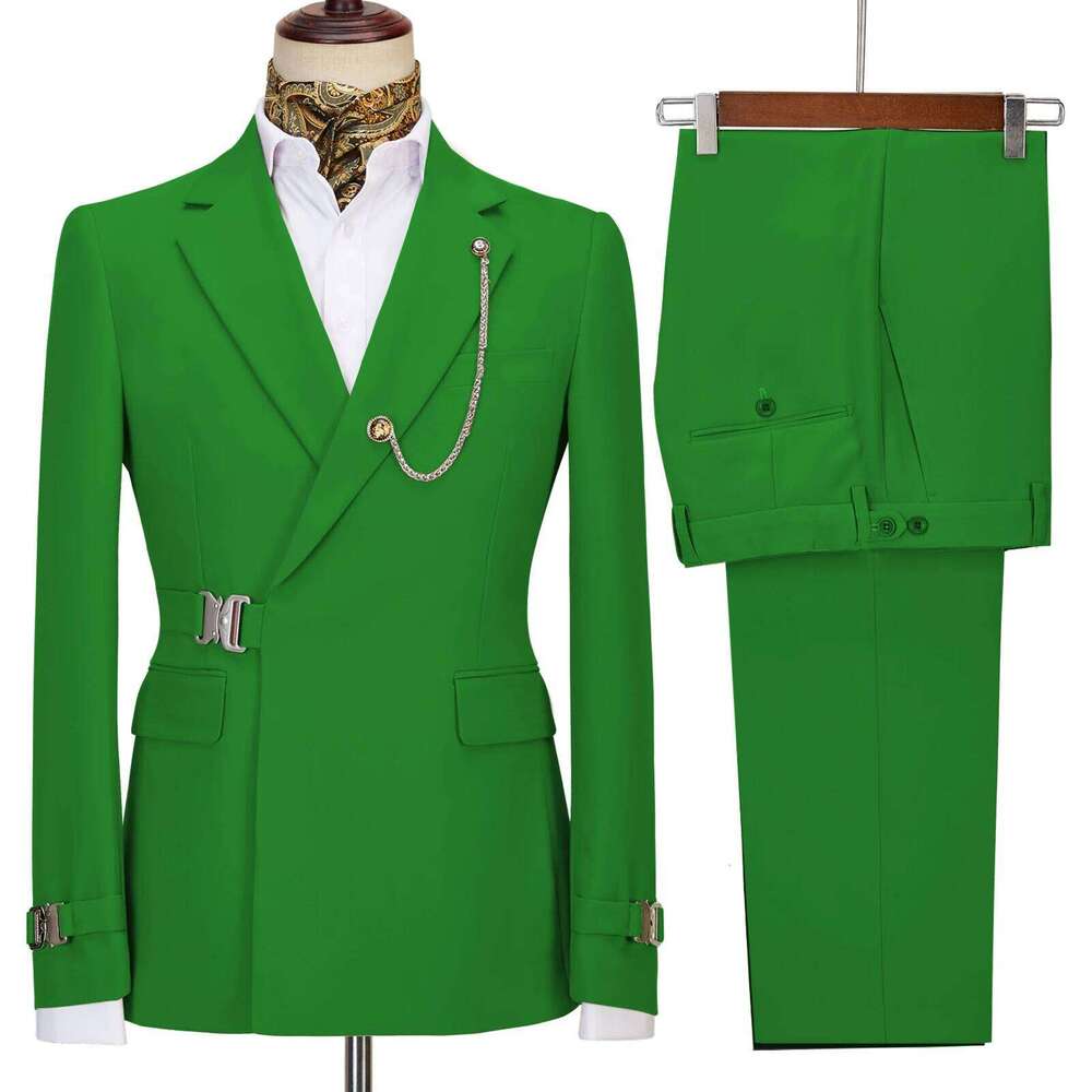 Elegant Men's 2 Pieces Fashion Metal Buckle Jacket Boutique Business Casual Suit Coat Groom Wedding Dress (Blazers+Pants)
