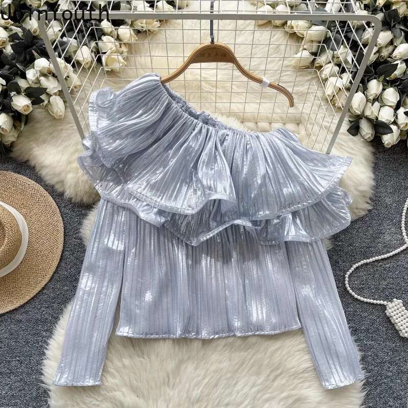 2025 Blusas Mujer De Moda Sexy Blouses for Women Long Sleeve Off Shoulder Shirts Ruffles Loose Pleated Temperament Tops Female