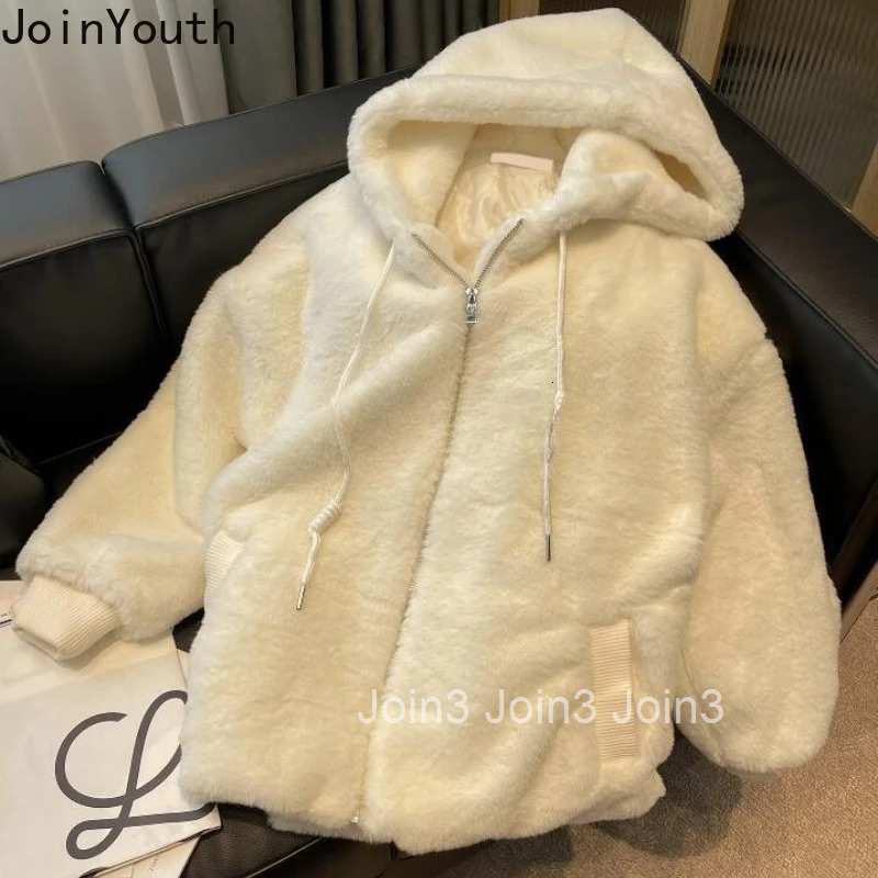 2025 Winter Clothing Hooded Lamb Wool Coat for Women Ropa Mujer Cute White Zipper Outwear Thicked Warm Japanese Y2k Jackets Tops