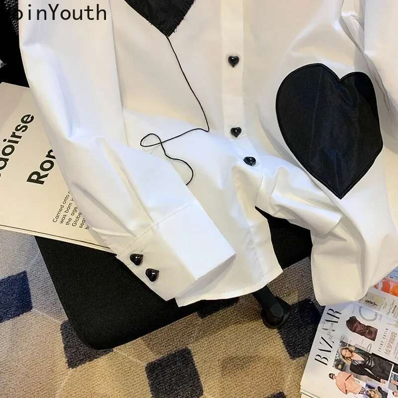 White Long Sleeve Blouse for Women Love Print Oversized Shirts Turndown Collar Fashion Blouses Tops 2025 Blusas Mujer De Moda