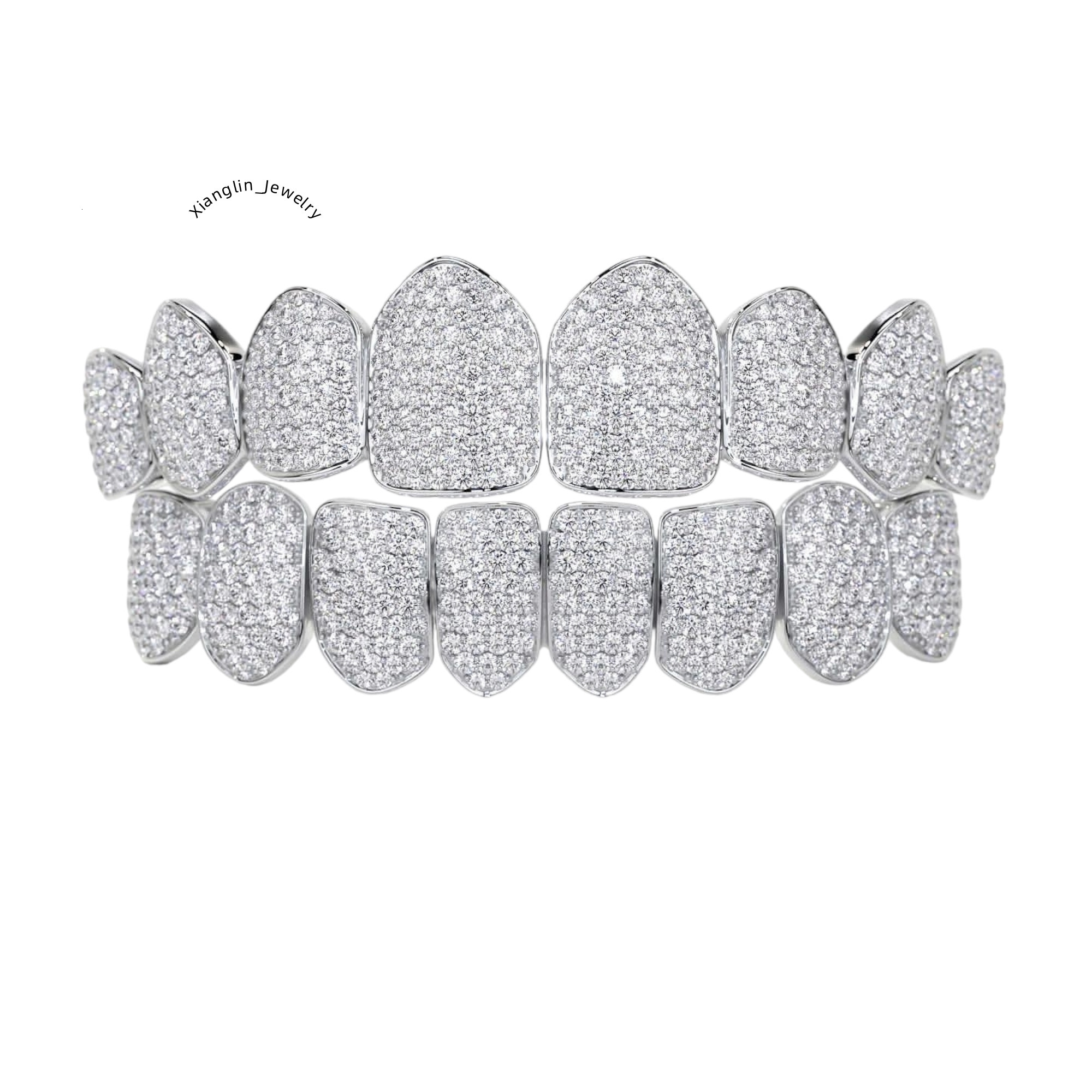 Mens Hip Hop Custom 925 Silver Teeth Grillz Iced Out Moissanite Diamond Grillz Teeth on White Gold Chain Best Price Jewelry