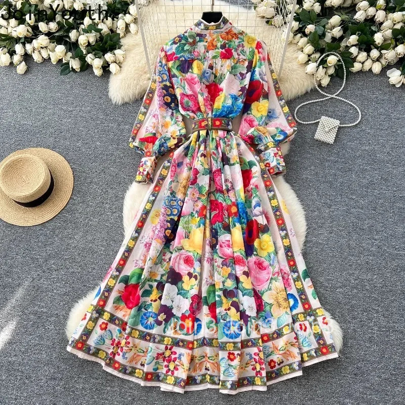 2025 Vestidos De Mujer Maxi Dresses for Women Stand Neck Lantern Sleeve Vintage Robe Femme Single Breasted Floral Summer Dress