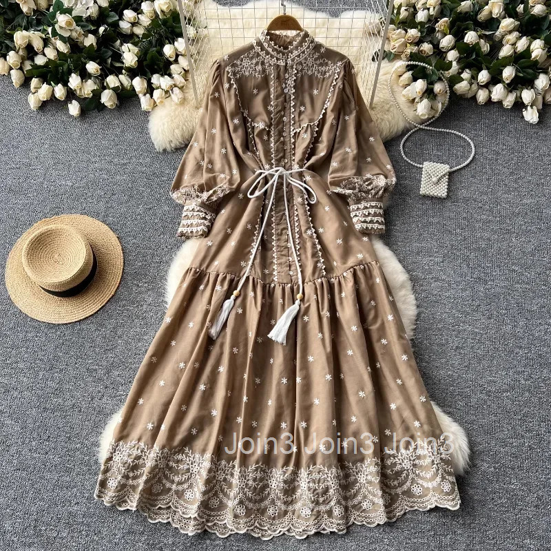 Vintage Embroidery Stand Collar Dresses for Women 2025 Summer New Robe Femme Heavy Elegant Lantern Sleeve Chic Vestido Feminino