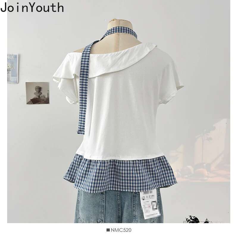 Summer Woman Tshirts Patchwork Plaid Camisetas Fake Two Korean Tees 2025 Ropa Mujer Off Shoulder Slim Fit Irregular T-shirt Tops