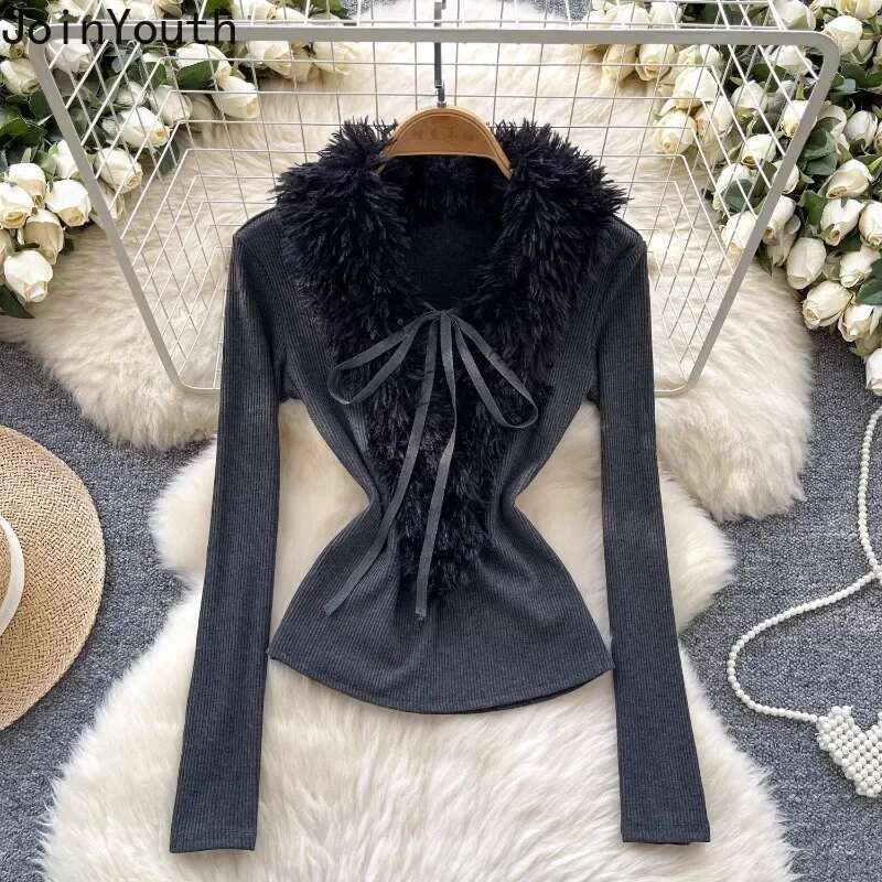 Furry V-neck Tshirts 2025 Women Clothing Tunic Long Sleeve Tees Bandage Solid Color Tees Y2k Tops Korean Fashion Sexy T-shirt