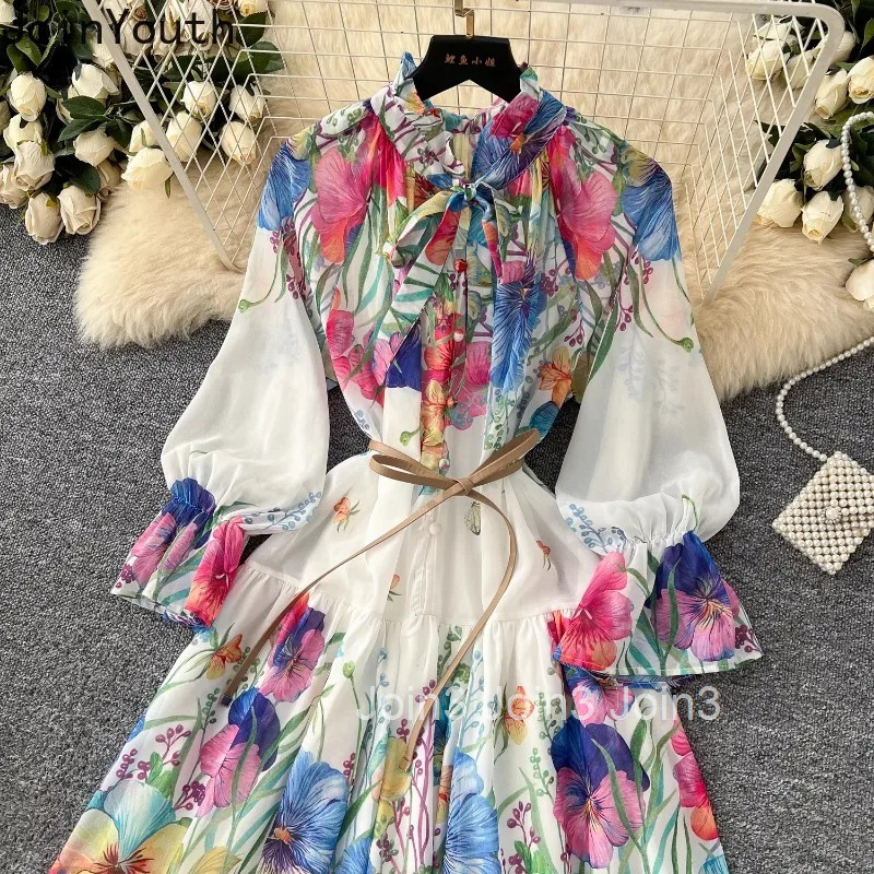 Vintage Maxi Dress Women Clothes Bandage Bow Single Breasted High Waist A-line Robe Femme Patchwork Lace Floral Summer Dresses