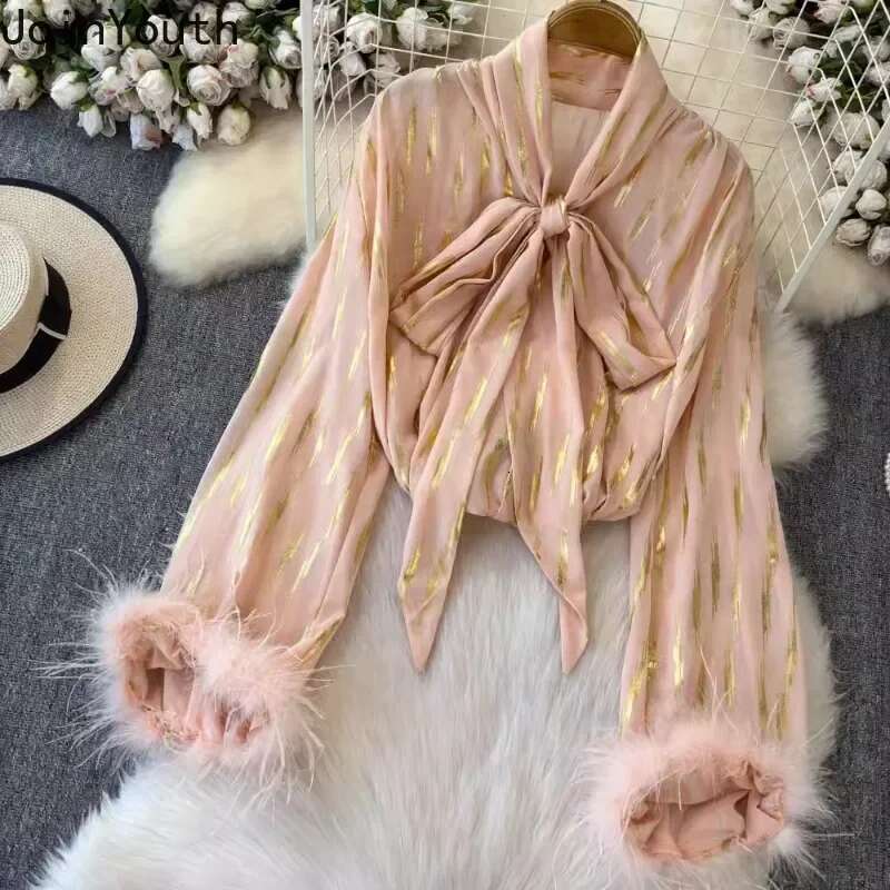 2025 Blusas Mujer De Moda Korean Blouses Women Clothing Patchwork Feather Loose Shirts Vintage Bandage Bow Striped Blouse Tops