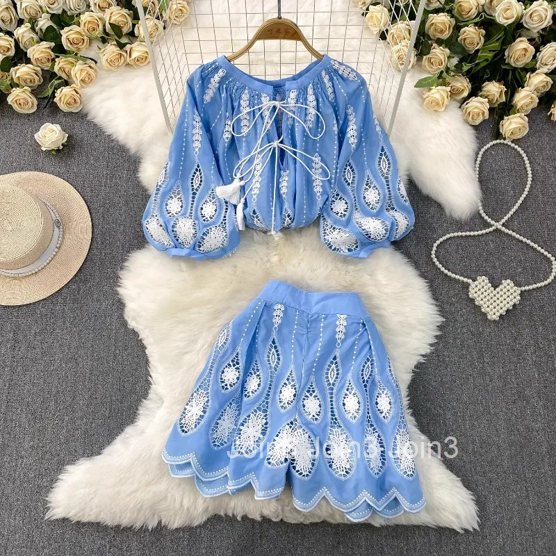 Summer Women Clothes 2 Piece Sets O-neck Lantern Sleeve Shirt High Waist Wide Leg Shorts Outfite Hollow Out Lace Chic Retro Suit