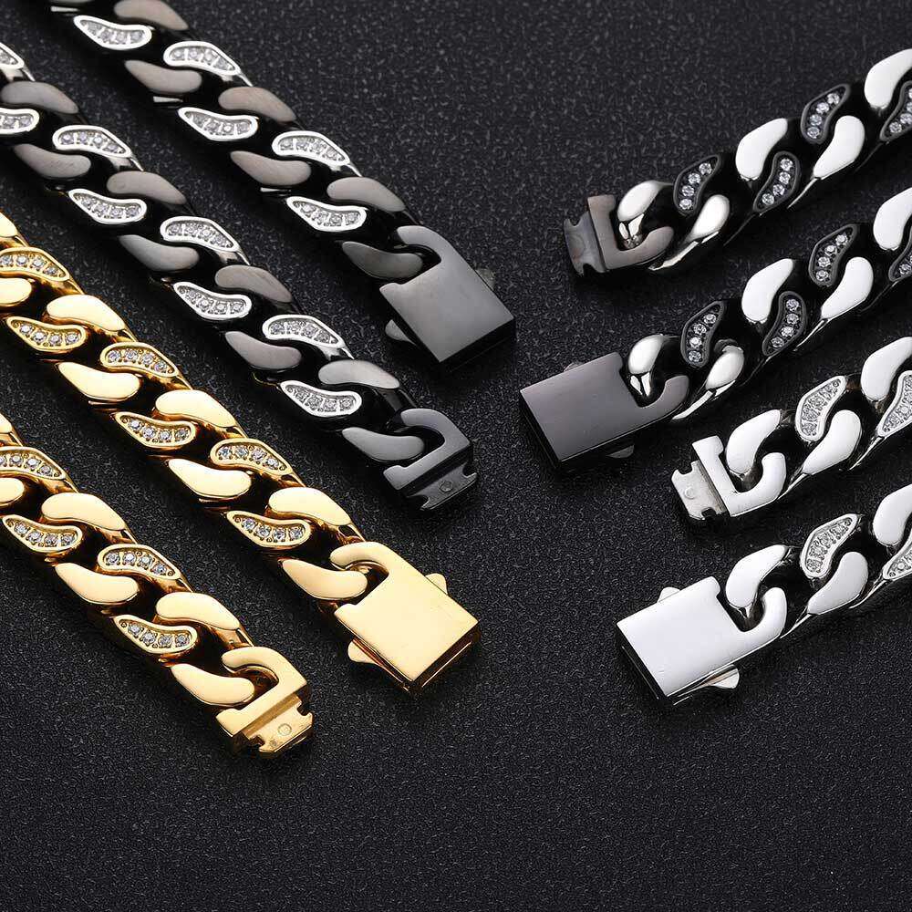 Hip Hop 12mm Stainless CNC Semi-Inlaid Dia Zirconia Four-Sided Polished Cuban Chain Titanium Steel Necklace 6c2c