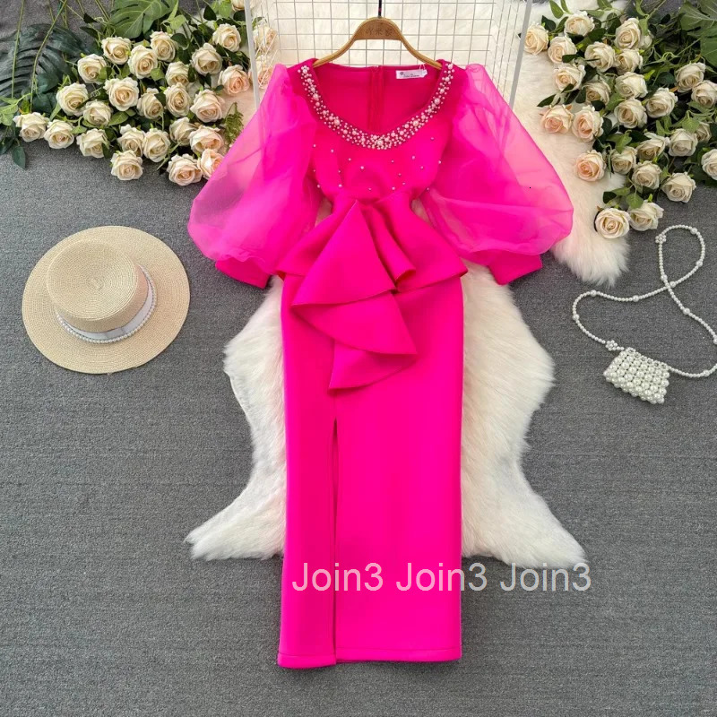 Temperament Robe Femme Party Dresses for Women Gauze Lantern Sleeve Square Collar Beading Split Dress 2025 Vestidos De Mujer