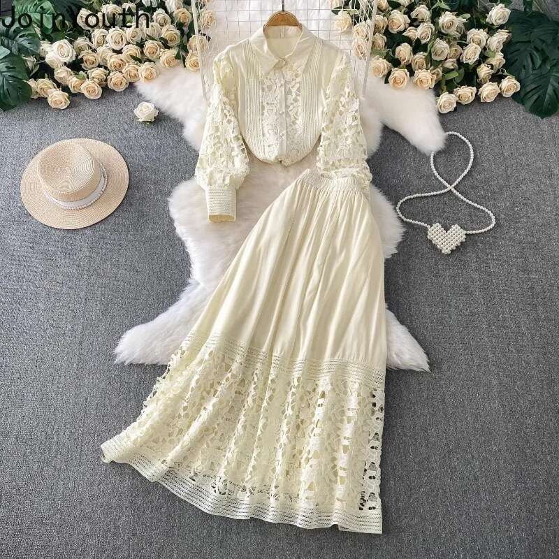 Skirt Sets Women Clothing Temperament Two Piece Set Patchwork Lace Blouses High Waist Hollow Out Long Skirts Suit Summer Outfits