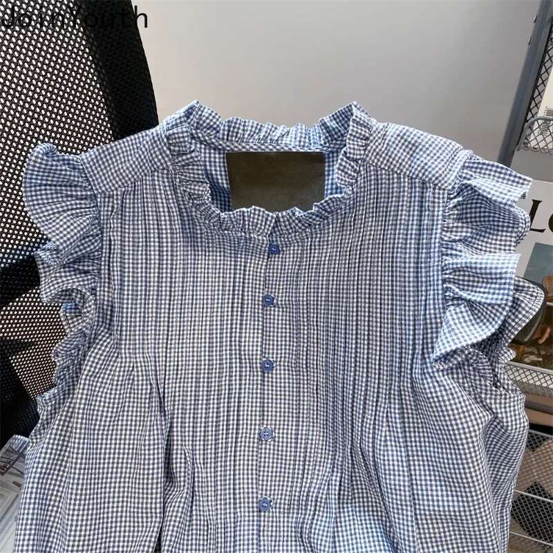Summer Women Shirts Vintage Flying Sleeve Ruffles Sweet Blouse 2025 Blusas Mujer De Moda Folds Korean Tops Loose Plaid Blouses