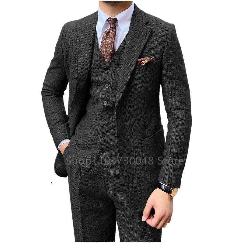 3 Piece Grey/Brown Mens Herringbone Wedding Suit Prom Tuxedos Peak Lapel Tweed For Business Slim Fit (Blazer+Vest+Pants)