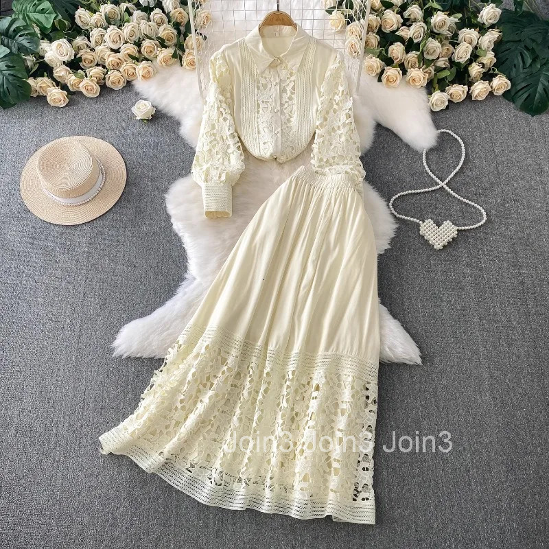 Skirt Sets Women Clothing Temperament Two Piece Set Patchwork Lace Blouses High Waist Hollow Out Long Skirts Suit Summer Outfits