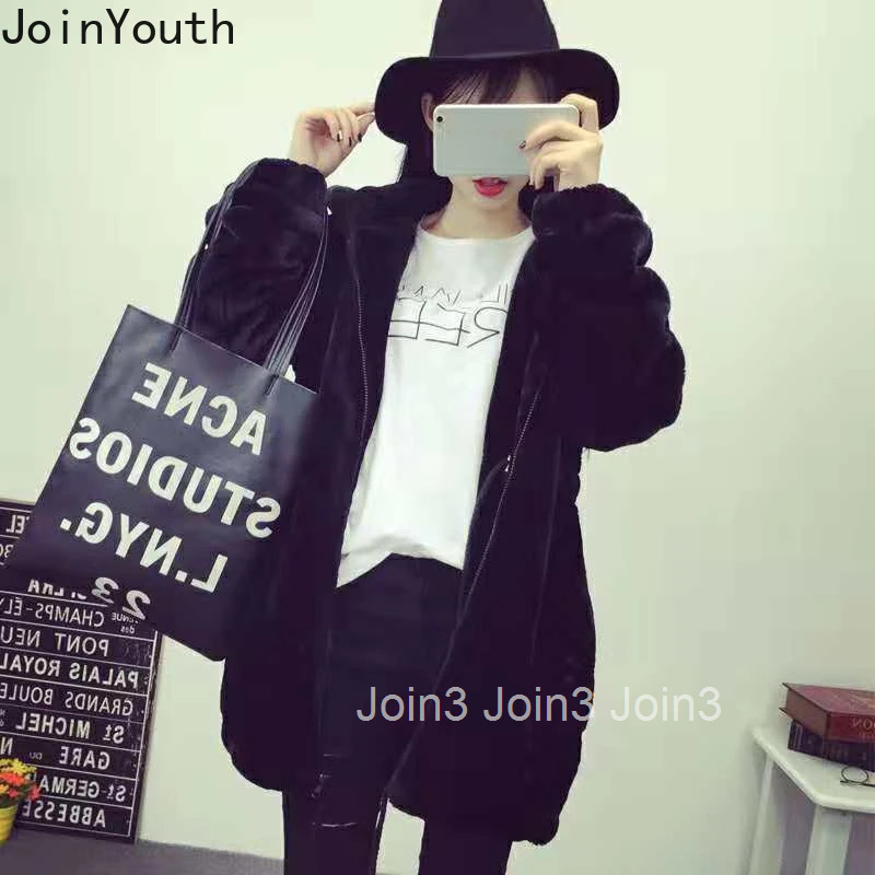 Fur Furry Jackets Women 2025 Winter Clothing Imitation Mink Fur Hooded Drawstraight Slim Waist Coats Thicked Warm Zipper Tops
