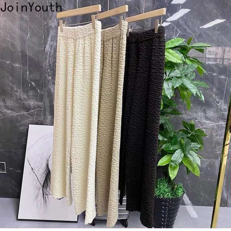 2025 Women Clothing Knitted Wide Leg Pants High Waist Vintage Casual Trousers Straight Folds Fashion Pantalon Femme New Bottoms