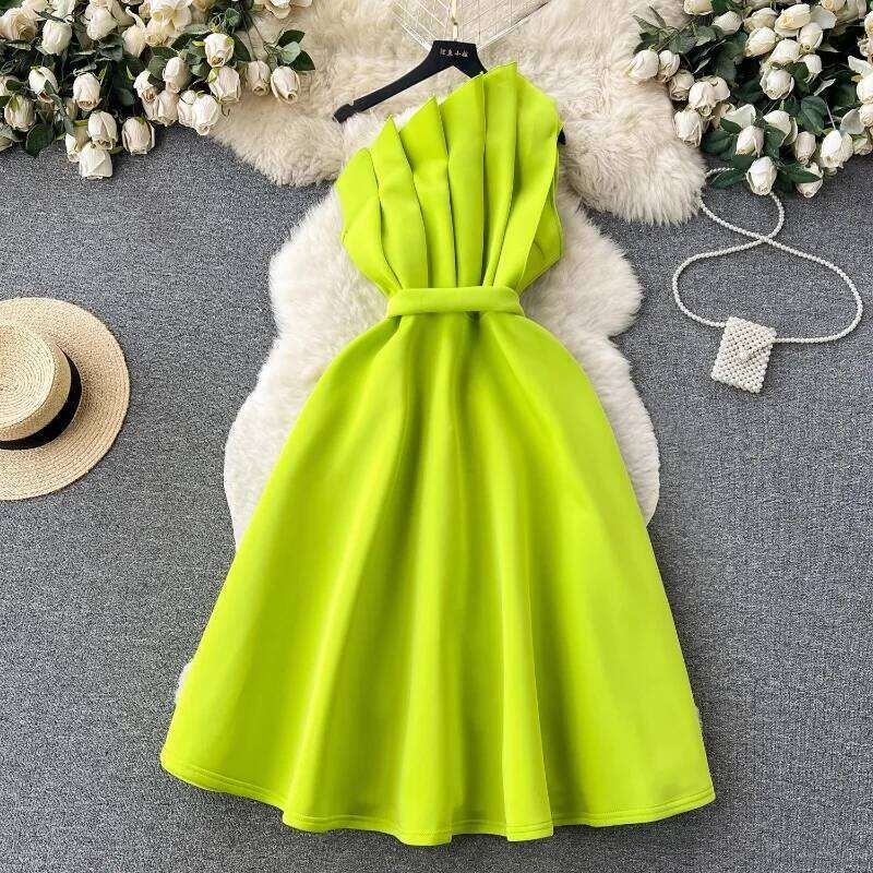 Chic One Shoulder Pleated Sleeveless Solid A-Line High Waist Evening Party Strapless Dress Women Summer Vestidos Clothing
