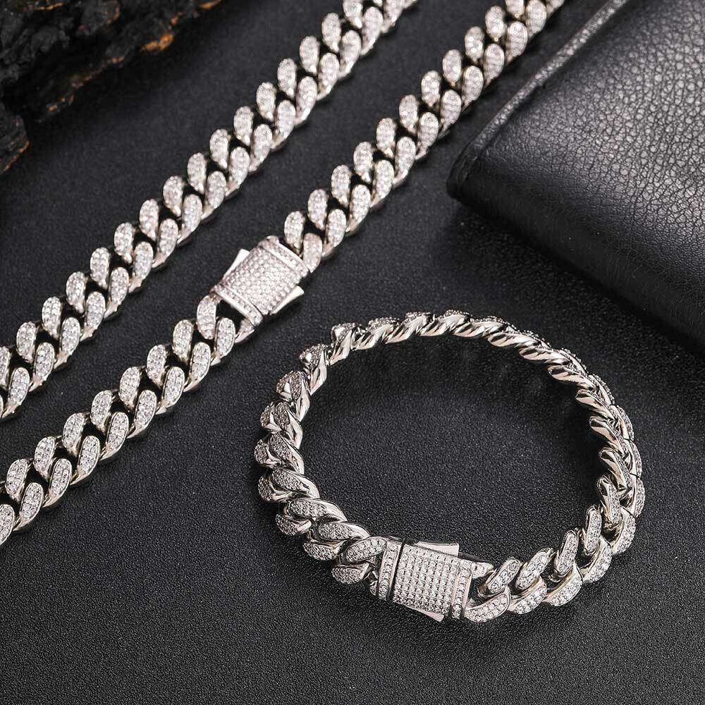 Hip Hop Jewelry 12mm Spring Clasp Double Row Zircon Cuban Chain Trendy Men's Necklace Bracelet e7f4