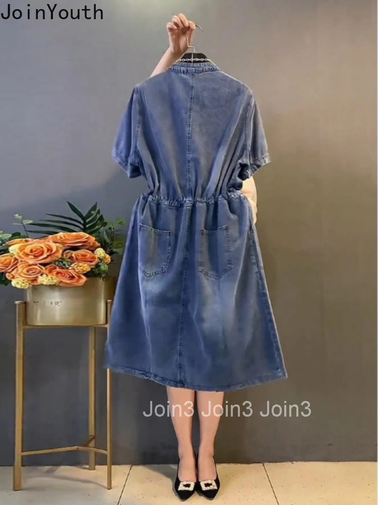 Vintage Denim Dresses for Women Heavy Beading Slim Waist Robe Femme 2025 Vestidos De Mujer Fashion Casual Summer Oversized Dress