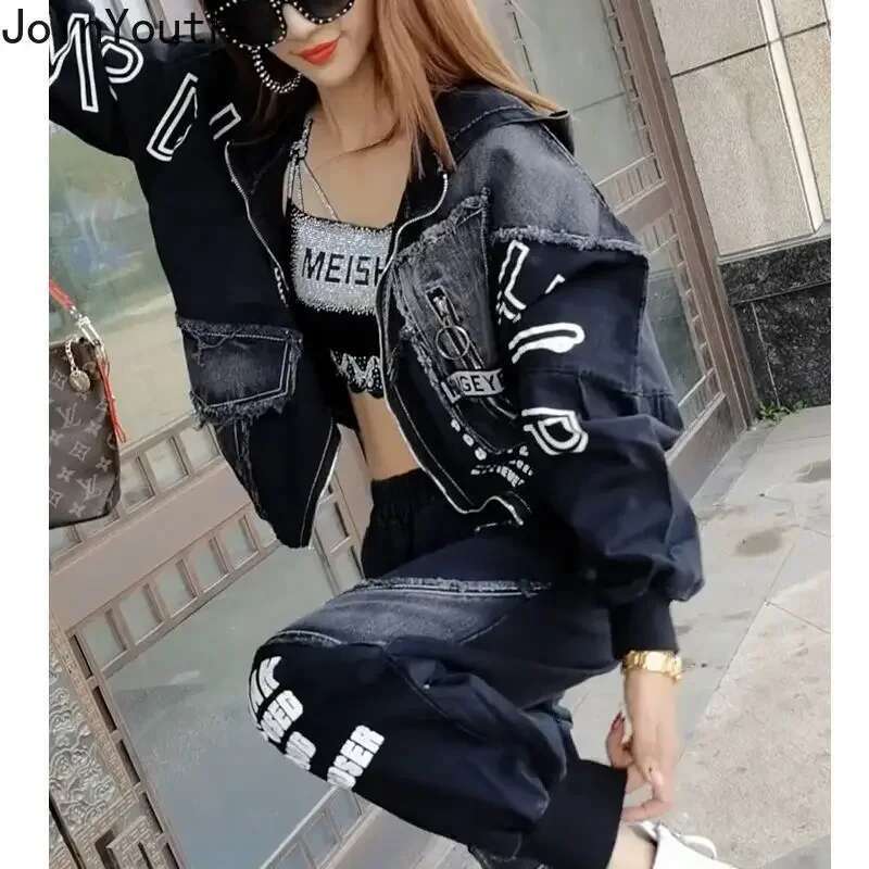 Womens 2 Piece Clothes Sets Fashion Jeans Denim Coat Clothes Oversized Hooded Jacket Pants Outfits Korean Women Two Piece Set