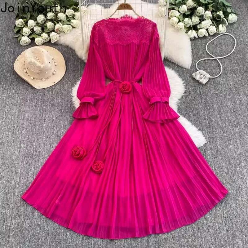 Vintage Robe Femme Pleated Dresses for Women 2025 Vestidos De Mujer Lace Hollow Out Flare Sleeve High Waist Big Swing Maxi Dress