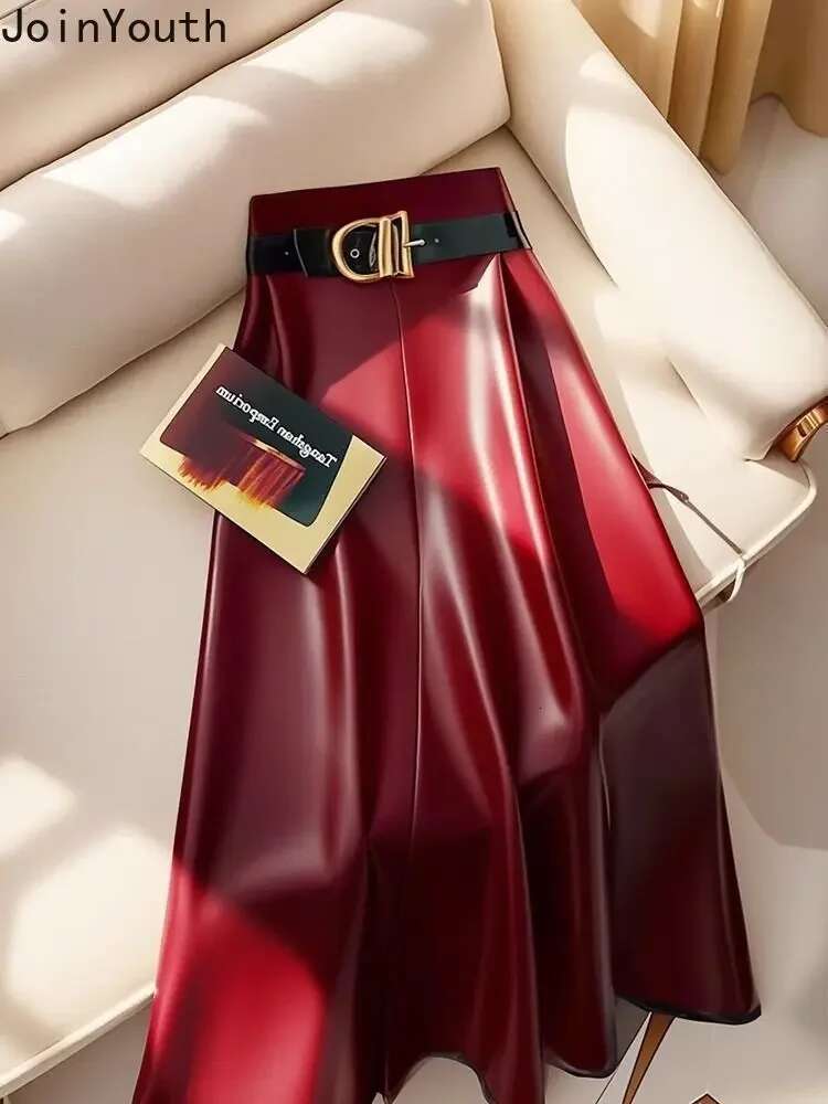 Streetwear Leather Skirts Women Temperament Jupe 2025 Faldas Mujer De Moda Tunic Korean Saia High Waist A-line PU Pleated Skirt