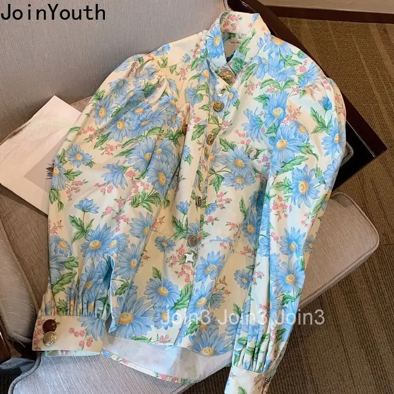 Vintage Blouse Women Clothing Fashion Floral Summer Shirts Stand Neck Long Sleeve Blouses Tops 2025 Blusas Mujer De Moda 27p094
