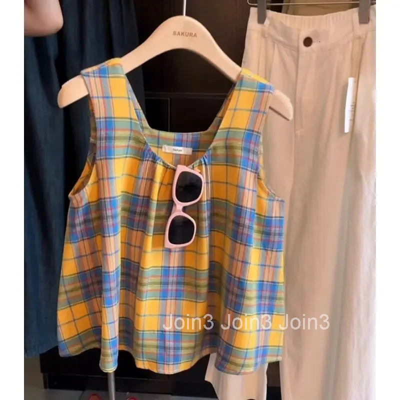 Vintage Plaid Vest 2025 Ropa Mujer Loose O-neck Korean Sleeveless Tanks Summer Tees Womens Clothing Fashion Sweet Crop Tops