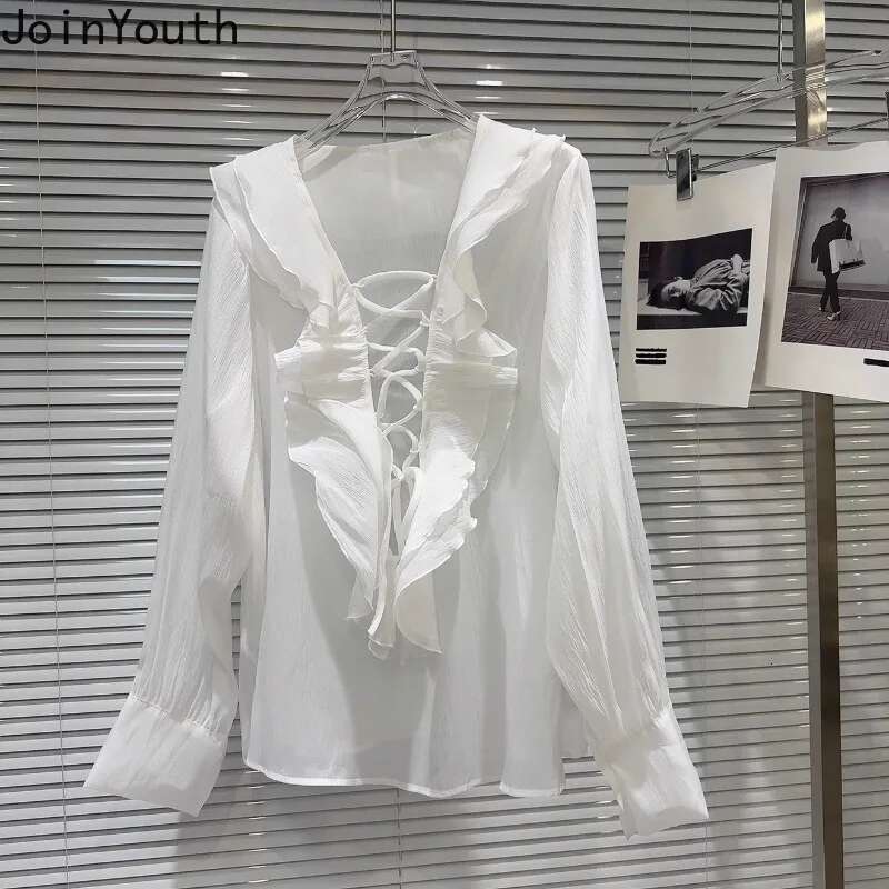 Skirt Suit Women Clothing Summer Two Piece Set V-neck Long Sleeve Blouse High Waist A-line Mini Skirt Outfits Chic Chiffon Sets