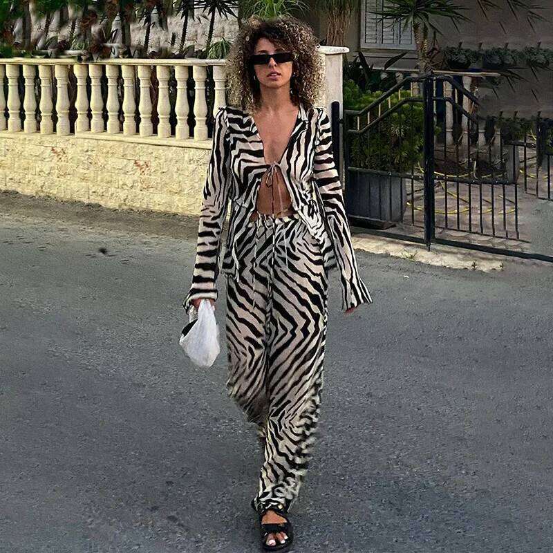 Cryptographic Animal Print Mesh Sheer Stripe Tie Front Detail Top Matching Fashion Outfits 2 Piece Sets Holiday Beachwear