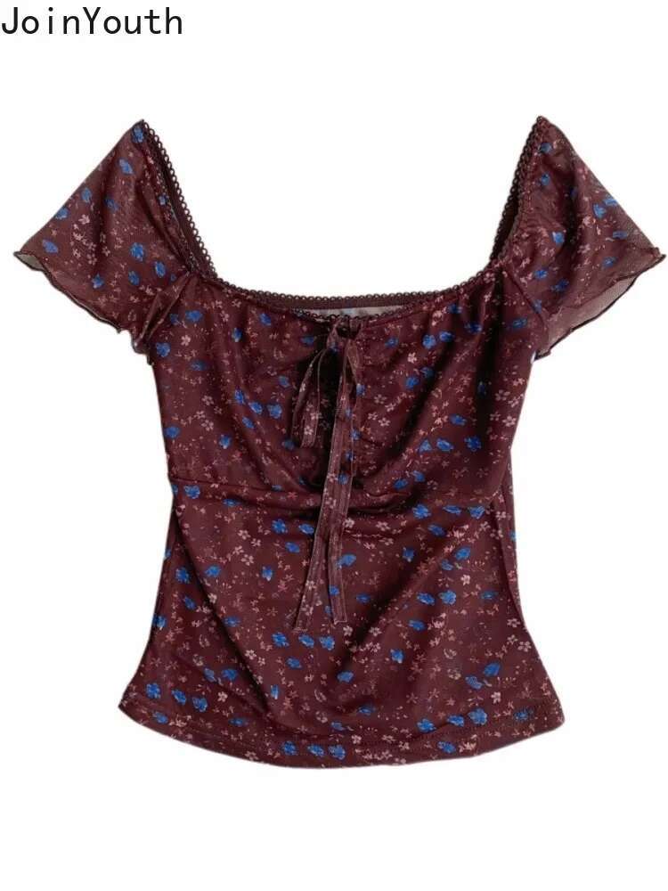 Print Sweet Tshirts Womens Clothing V-neck Short Sleeve Tees 2025 Ropa Mujer Vintage T-shirt Bandage Tunic Summer Crop Tops